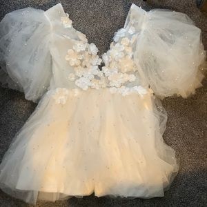 Pearl deep V engagement dress. Never worn, new with tags! Puffy Pearl sleeves